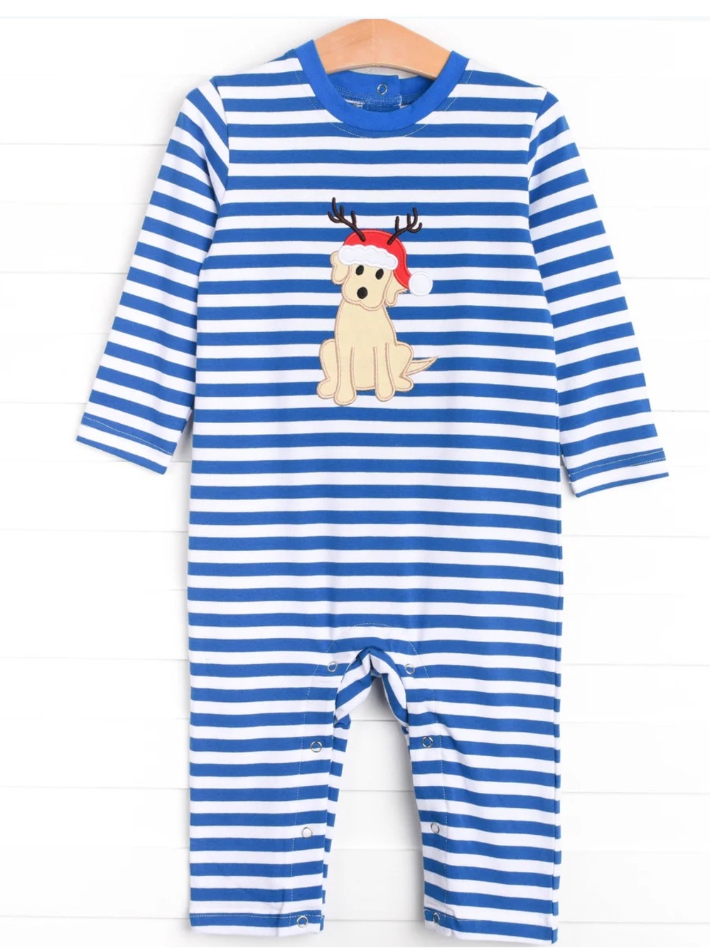 Stitchy Fish Puppy Holiday Applique Romper, Blue Stripe 18Months